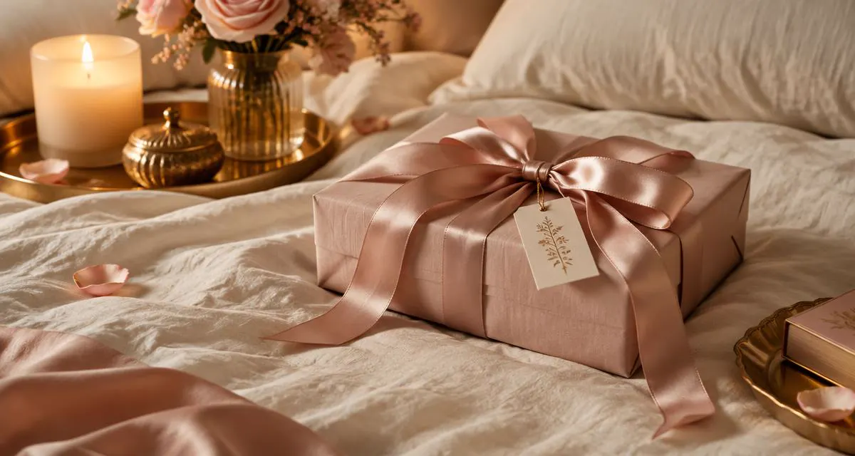 Cadeaudoos met satijnen strik op een bed in zacht kaarslicht