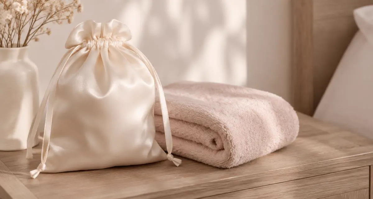 Satijnen opbergzakje naast een zachte handdoek op een houten nachtkastje